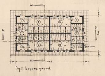 <p>Detail van de plattegrond van privaatgebouw 9. Op de hoeken bevinden zich de entree's naar de manschappentoiletten (3, 5, 8 en 10). De entree's 1 en 6 leiden naar aparte toiletten, waarschijnlijk voor (onder)officieren (gemeentearchief Ede). </p>
